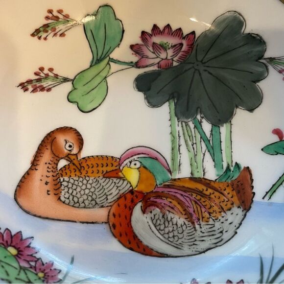 Mid century Porcelain Floral and Duck Brass Bowl set for hanging or display - Picture 8 of 17